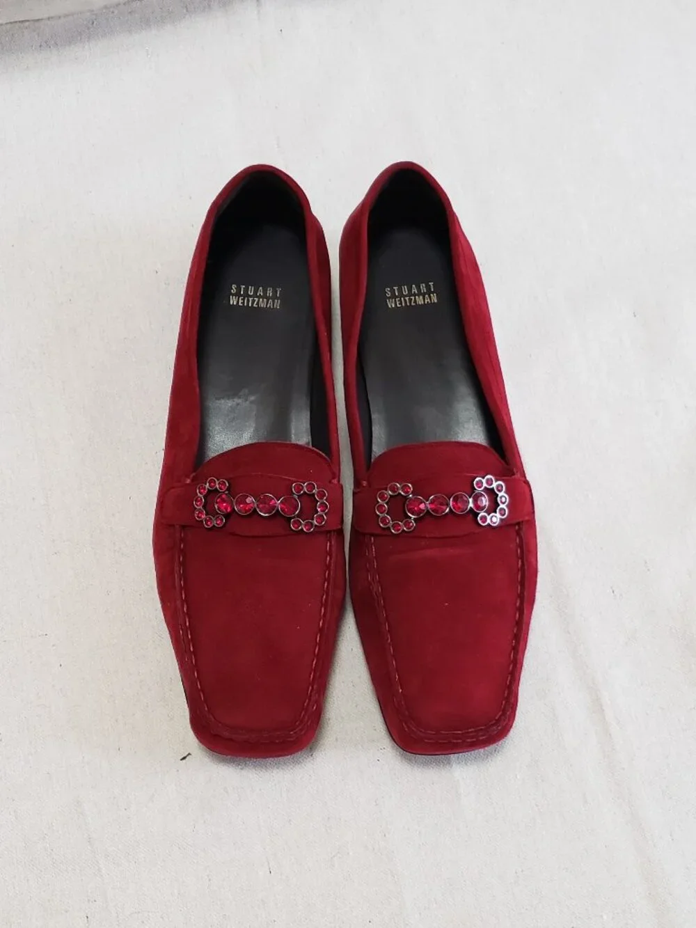 Stuart Weitzman Women Size 12M Burgundy Suede Crystal Embellished Slides Loafers